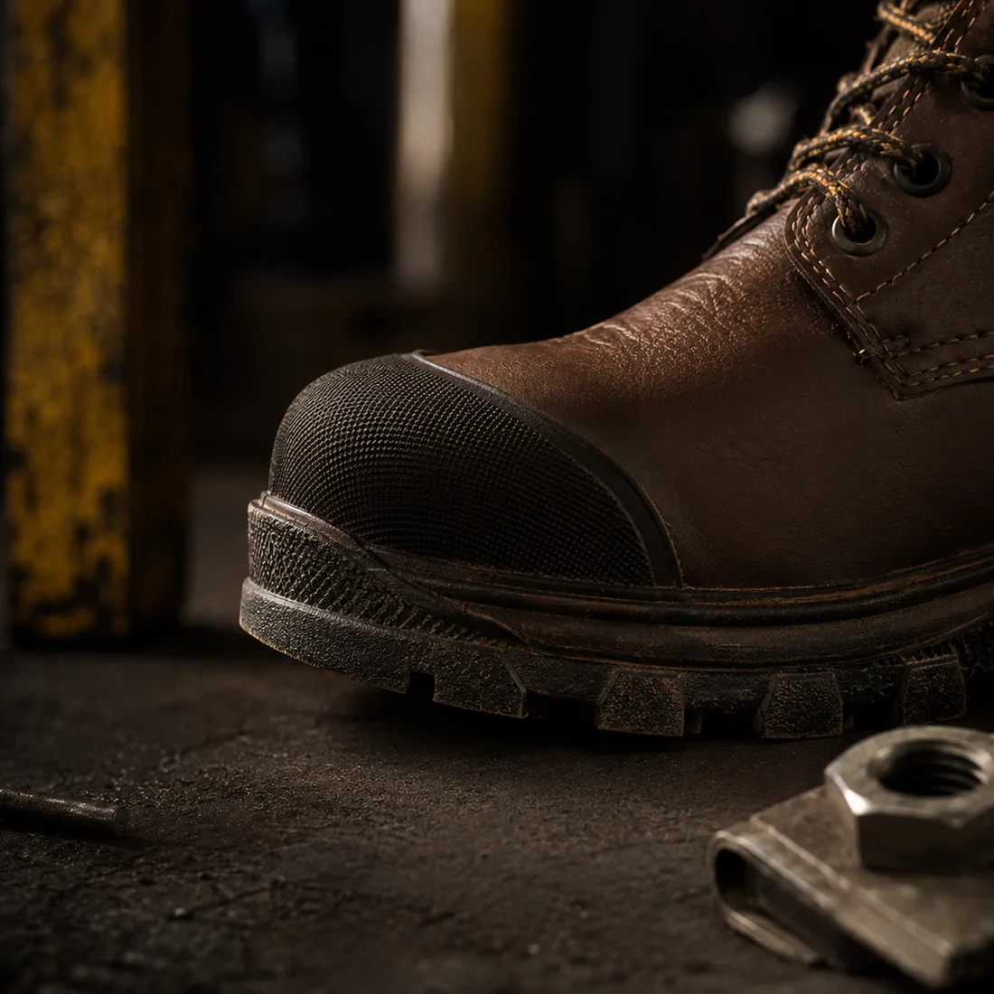 Anonymous workwear safety footwear detail in a workshop